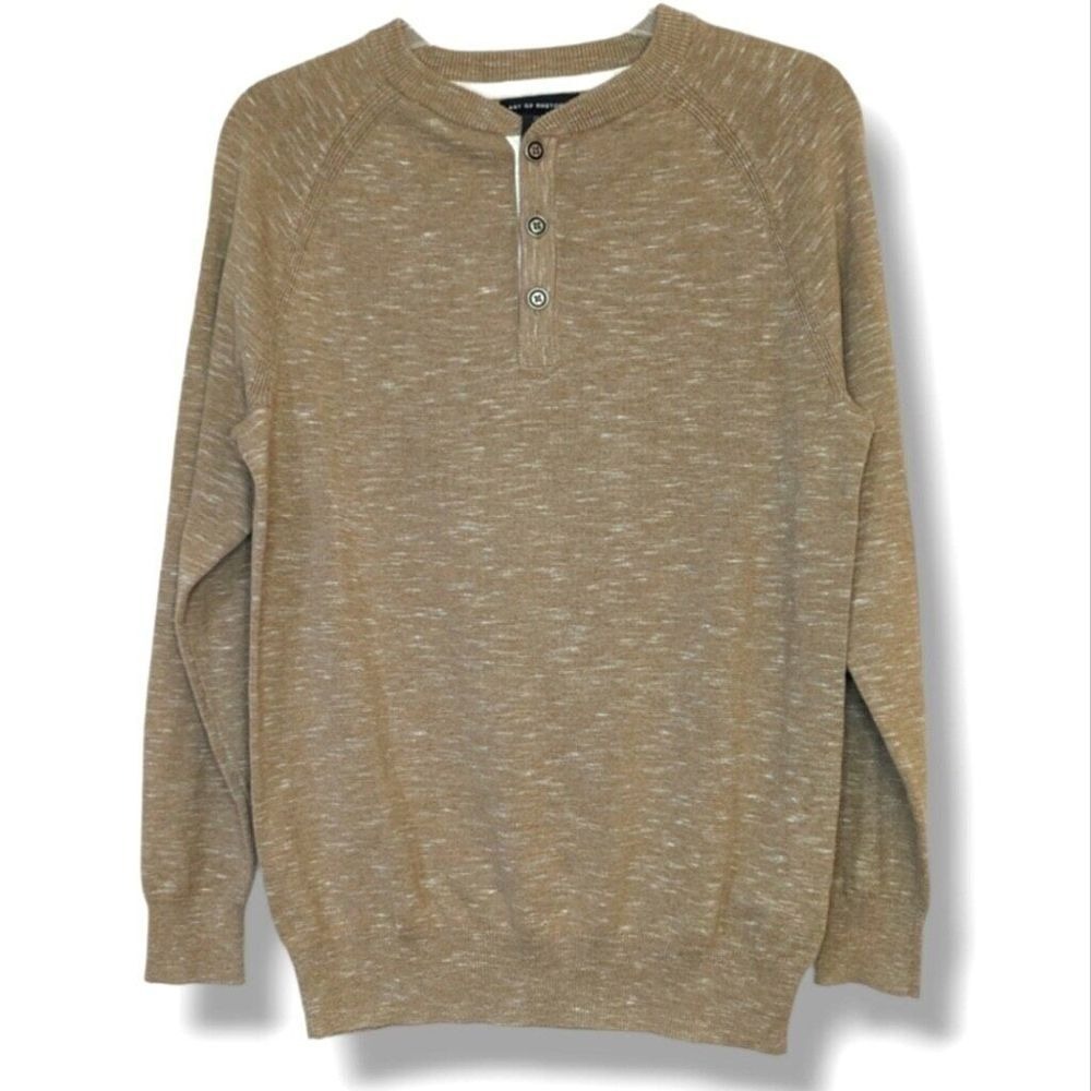 Henley Sweater Mens Small Tan Knit‎ Long Sleeve Casual Academia Minimalist